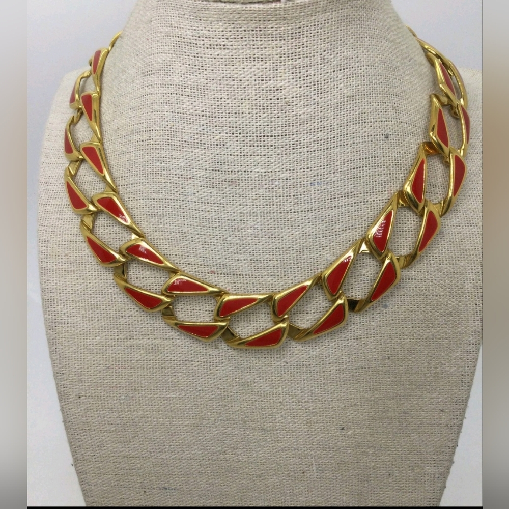 Napier Red Enamel Goldtone Chain Necklace Vtg
